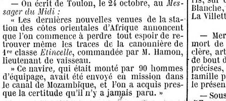 Article de journal annonçant qu'on perd tout espoir de retrouver la canonnière Étincelle, envoyée en mission dans le canal de Mozambique