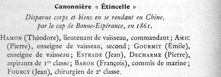 Page imprimée : canonnière Étincelle, disparue corps et biens, liste de ses officiers dont Gourmit (Émile), enseigne de vaisseau