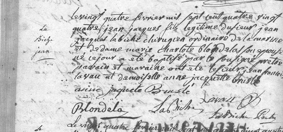 Acte manuscrit de baptême de 1784, avec en marge « La Biche Jean » et les signatures d'Anne-Jacquette Brusle, de Blondela, de La Biche et de Lavau