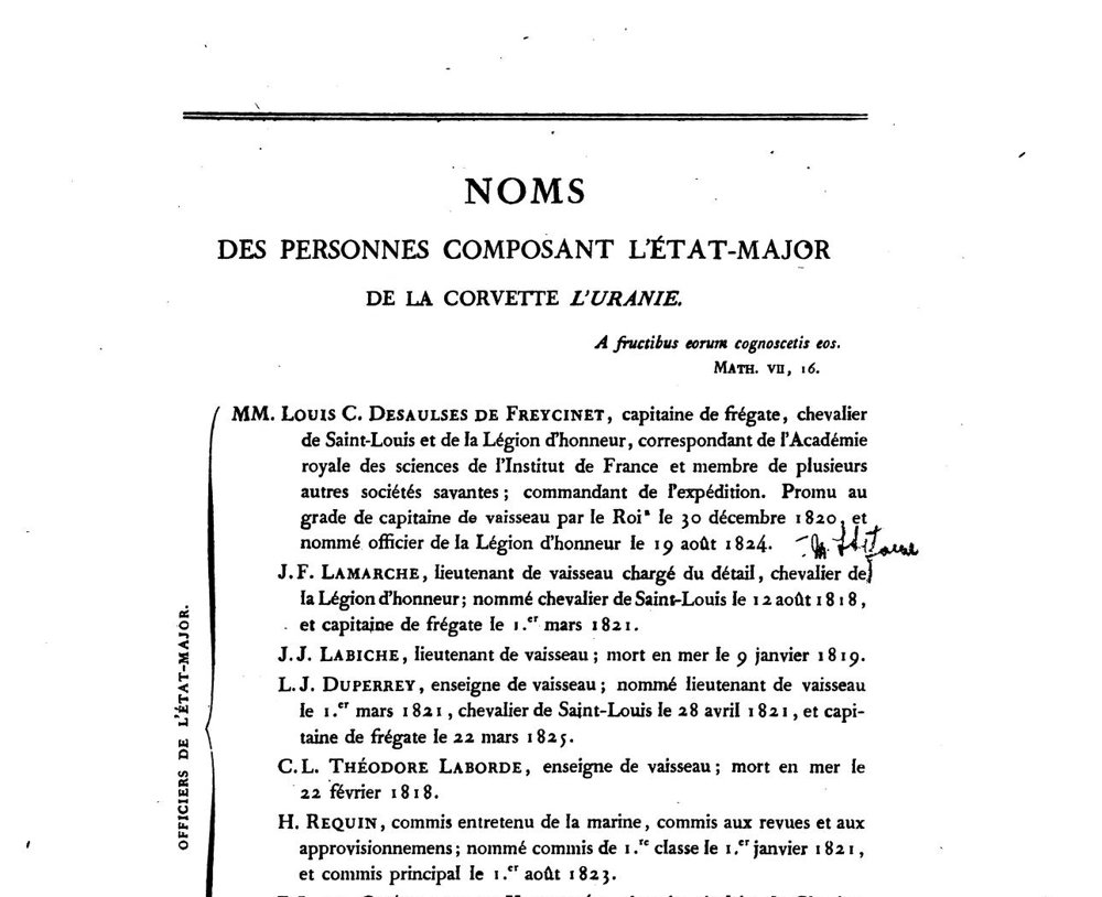 Page imprimée : « Noms des personnes composant l'état-major de la corvette l'Uranie », avec la liste des officiers