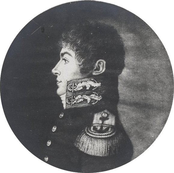 Portrait gravé, dans un médaillon, d'un officier de marine vu de profil, cheveux bruns bouclés, collet brodé et épaulette