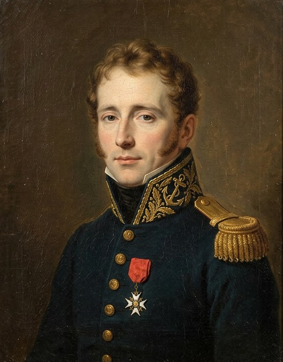 Portrait peint en buste d'un jeune officier de marine aux cheveux châtains bouclés et aux favoris, en habit bleu foncé à col brodé d'ancres d'or, une épaulette d'or à l'épaule gauche, la croix de Saint-Louis à ruban rouge sur la poitrine, sur fond brun