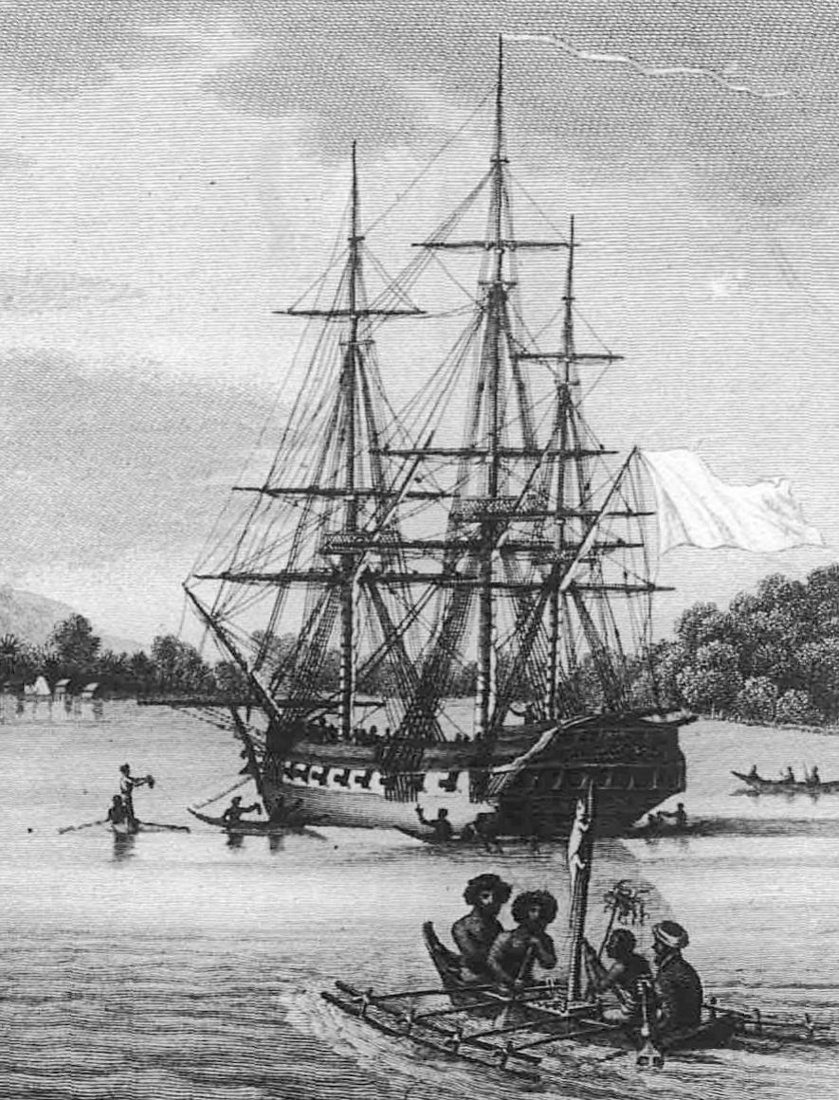 Gravure : une corvette à trois mâts au mouillage près d'une île boisée, des pirogues à balancier au premier plan