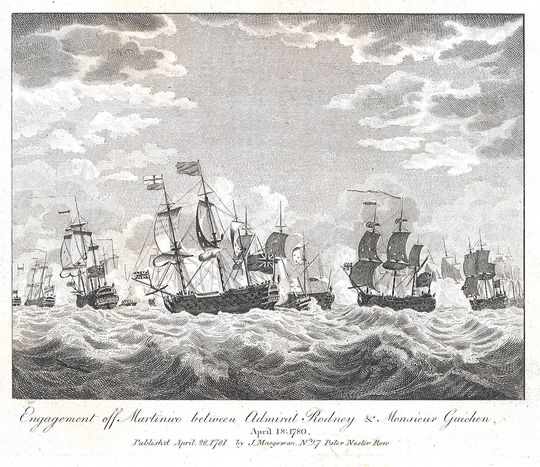 Gravure : les flottes française et anglaise en ligne de bataille, canonnade et fumée, au large de la Martinique
