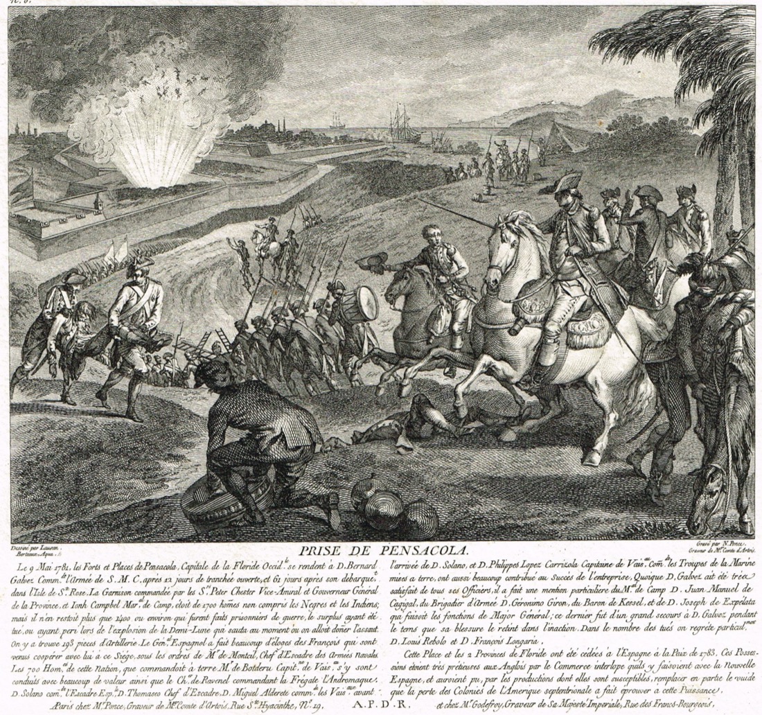Gravure : la prise de Pensacola en 1781, navires dans la baie, fort et troupes à terre