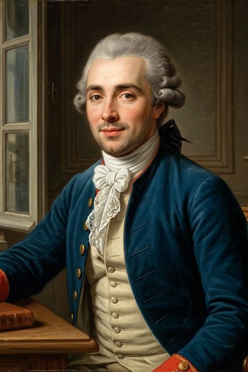 Portrait peint d'un homme à perruque poudrée, habit bleu de roi à parements rouges, jabot de dentelle, la main posée sur un livre près d'une trousse de chirurgien