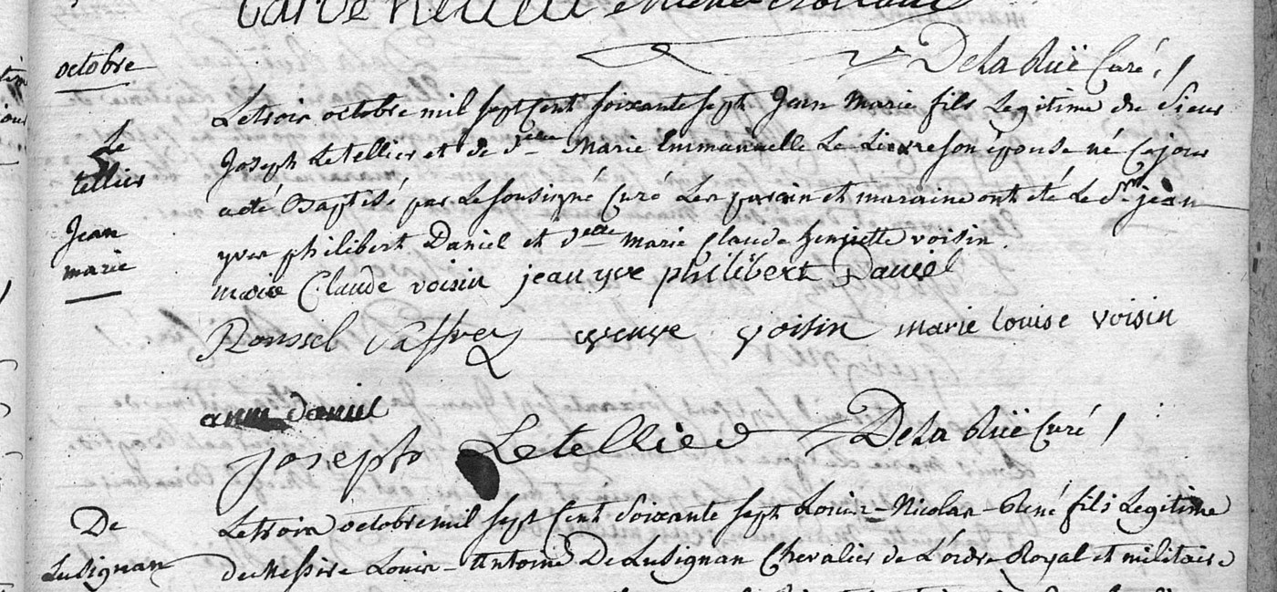 Acte manuscrit de baptême de 1767, avec en marge « Le Tellier Jean Marie » et plusieurs signatures, dont celle de Joseph Letellier