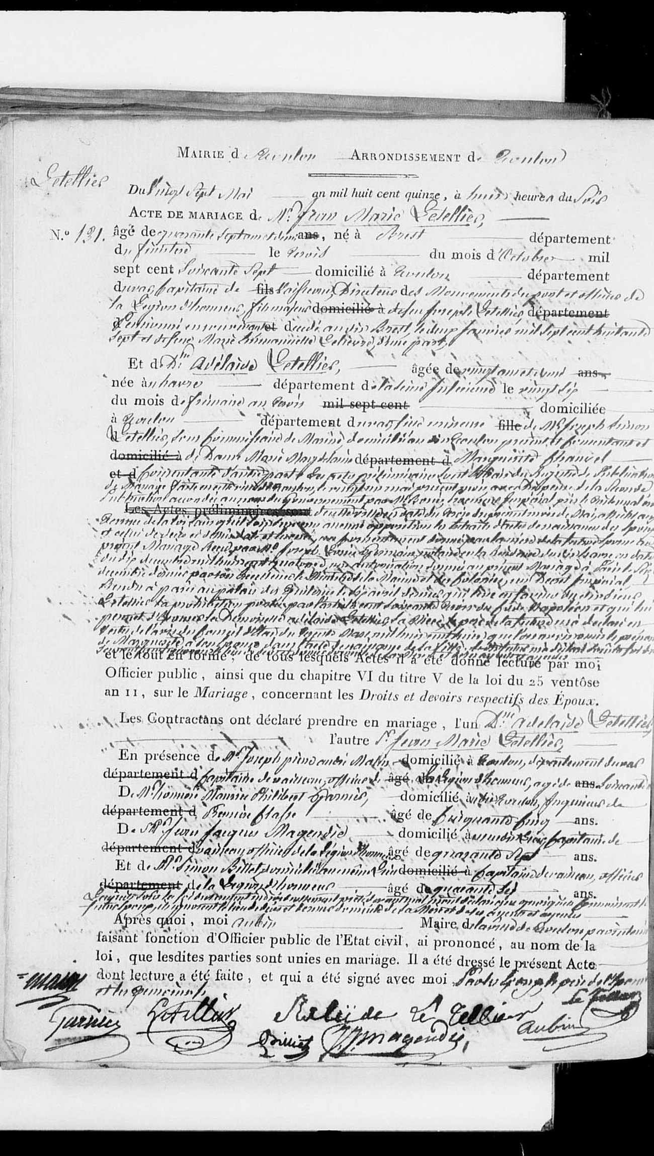 Acte de mariage imprimé et rempli à la main, Toulon 1815, avec en marge « Letellier » et au bas les signatures de Letellier, d'Adélaïde Le Tellier et de Magendie