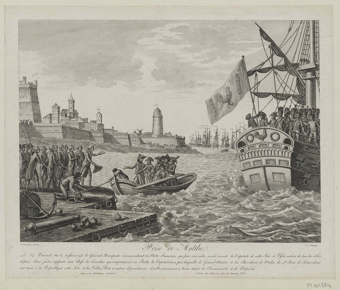 Gravure : des soldats français débarquent devant les remparts de La Valette, un grand vaisseau pavoisé au premier plan