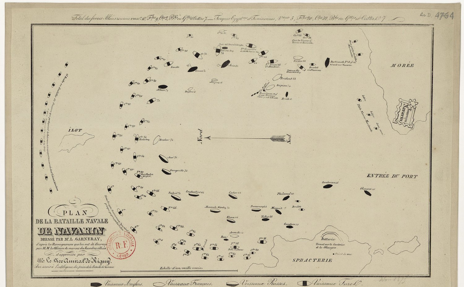 Plan gravé de la baie de Navarin en 1827 : la flotte turco-égyptienne disposée en fer à cheval, et les escadres alliées qui entrent