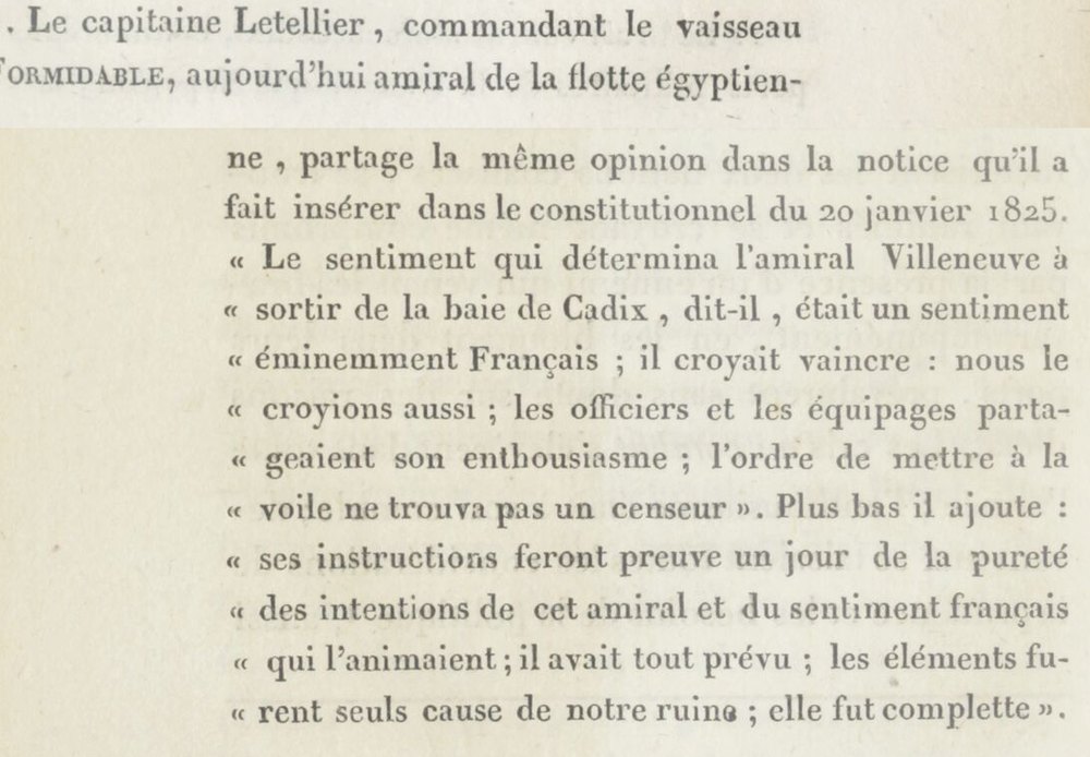 Note imprimée de 1829 : « Le capitaine Letellier, commandant le vaisseau le Formidable, aujourd'hui amiral de la flotte égyptienne… »