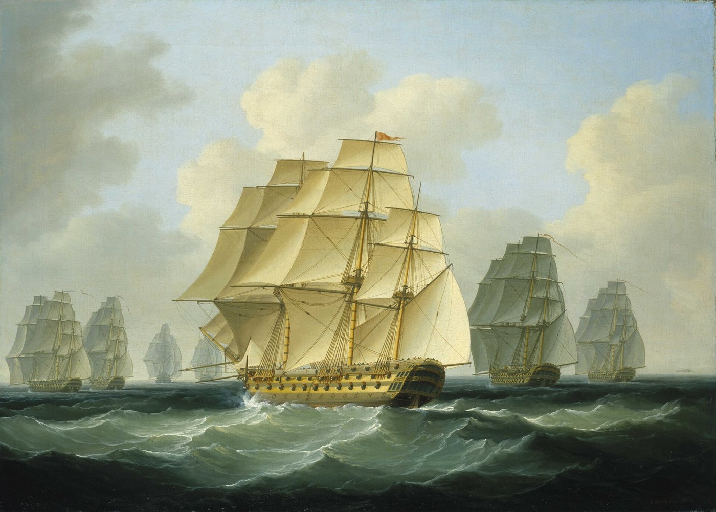 Tableau : une escadre anglaise poursuit des vaisseaux français par grosse mer