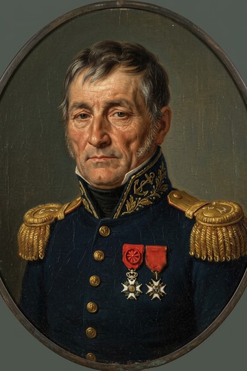 Portrait peint dans un ovale d'un officier de marine d'une cinquantaine d'années, cheveux gris, en habit bleu à col brodé d'ancres d'or, grosses épaulettes d'or, la croix d'officier de la Légion d'honneur et la croix de Saint-Louis sur la poitrine