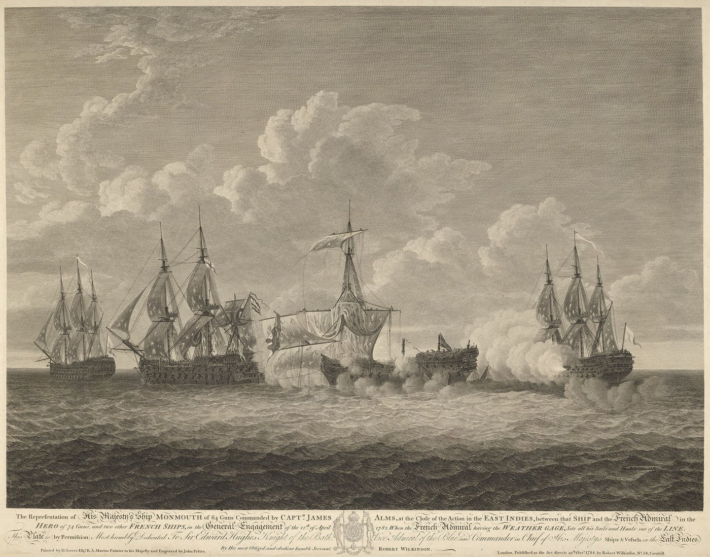 Gravure : deux lignes de vaisseaux de guerre échangent des bordées dans la fumée, au large d'une côte