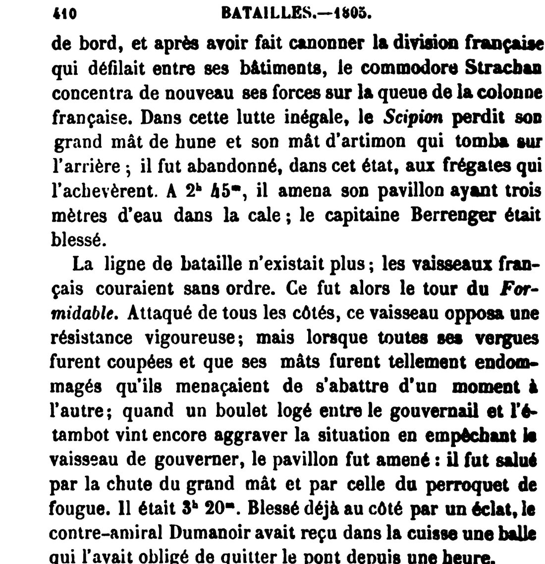 Page imprimée : le récit du combat où le Formidable, attaqué de tous les côtés, amène son pavillon