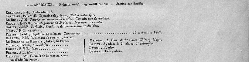 Liste imprimée de l'état-major de la frégate l'Africaine, station des Antilles, où figure Le Normand de Kergrist, enseigne