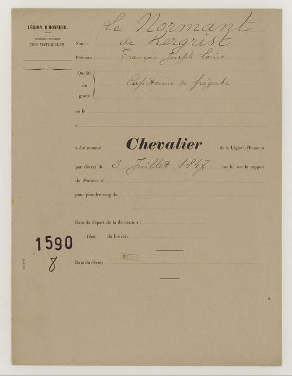Fiche manuscrite de la Légion d'honneur au nom de Le Normant de Kergrist, François Joseph Louis, nommé chevalier par décret du 3 juillet 1847