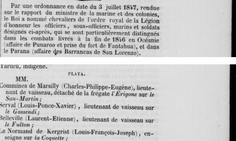 Extrait du Moniteur universel annonçant les nominations dans la Légion d'honneur pour les combats du Paraná, avec le nom de Le Normand de Kergrist, enseigne sur la Coquette