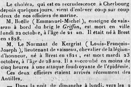 Extrait de journal annonçant la mort par le choléra de deux officiers de marine à Cherbourg, dont Le Normant de Kergrist