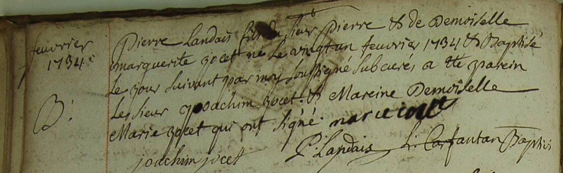 Acte manuscrit d'un registre paroissial, à l'encre brune, avec en marge « février 1734 » et « B », suivi de quatre signatures