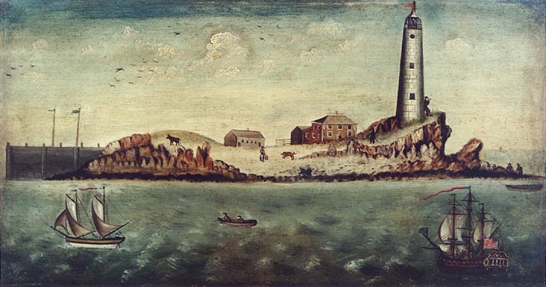 Peinture naïve : un phare blanc sur un îlot rocheux, avec quelques maisons, une frégate sous voiles et une goélette passant devant