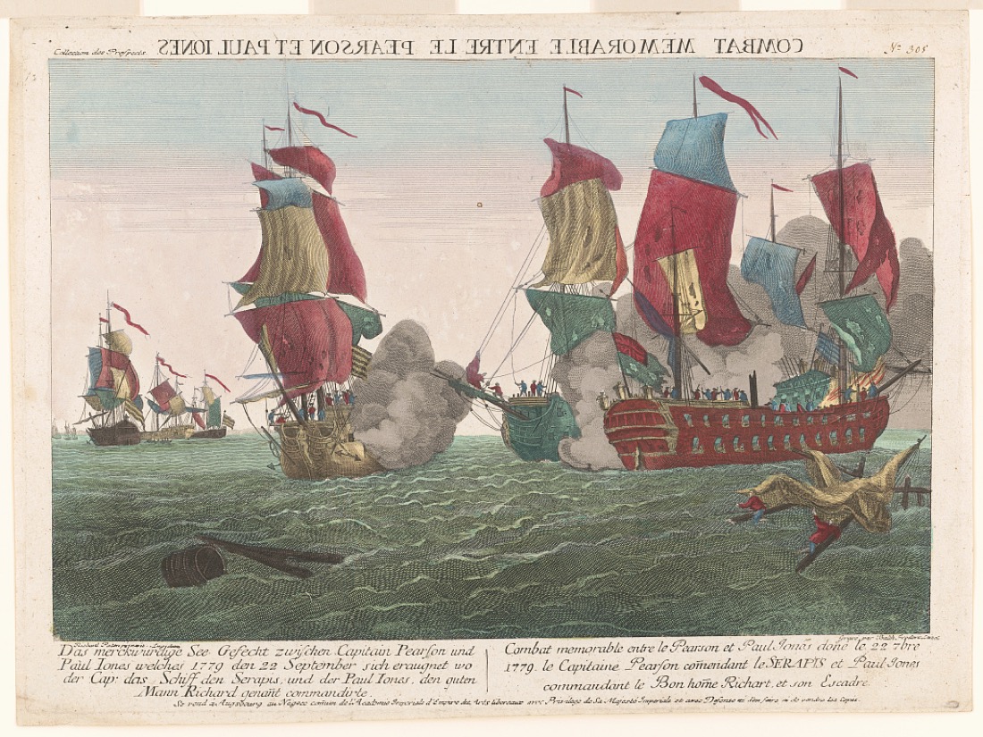 Estampe coloriée : une escadre de navires aux voiles jaunes et rouges tire des bordées, avec une légende en français et en allemand