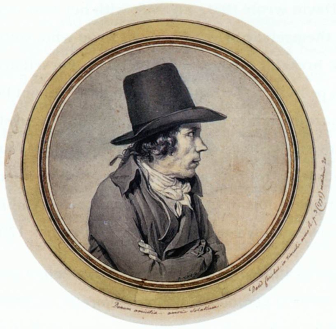 Dessin dans un médaillon : un homme de profil, en chapeau haut et habit sombre, le regard grave