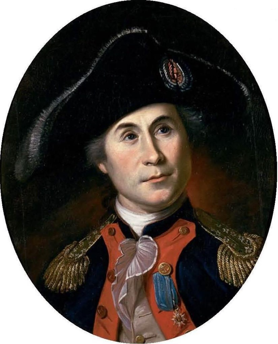 Portrait peint dans un ovale : un officier en tricorne noir, uniforme bleu à revers rouges et épaulettes dorées, une croix d'ordre sur la poitrine