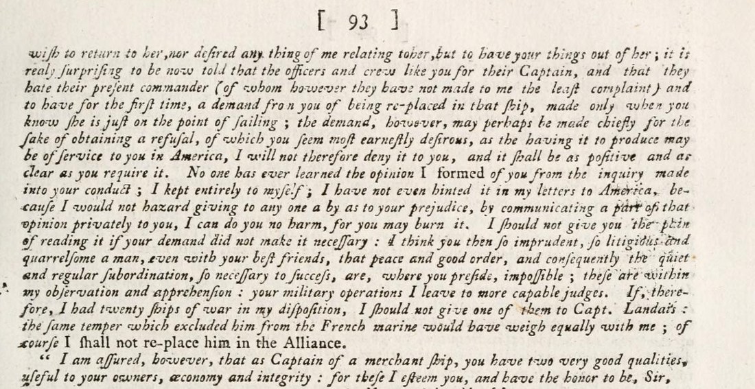 Page imprimée en anglais, en italique : une lettre signée B. Franklin, où l'on lit « If, therefore, I had twenty ships of war in my disposition, I should not give one of them to Capt. Landais »