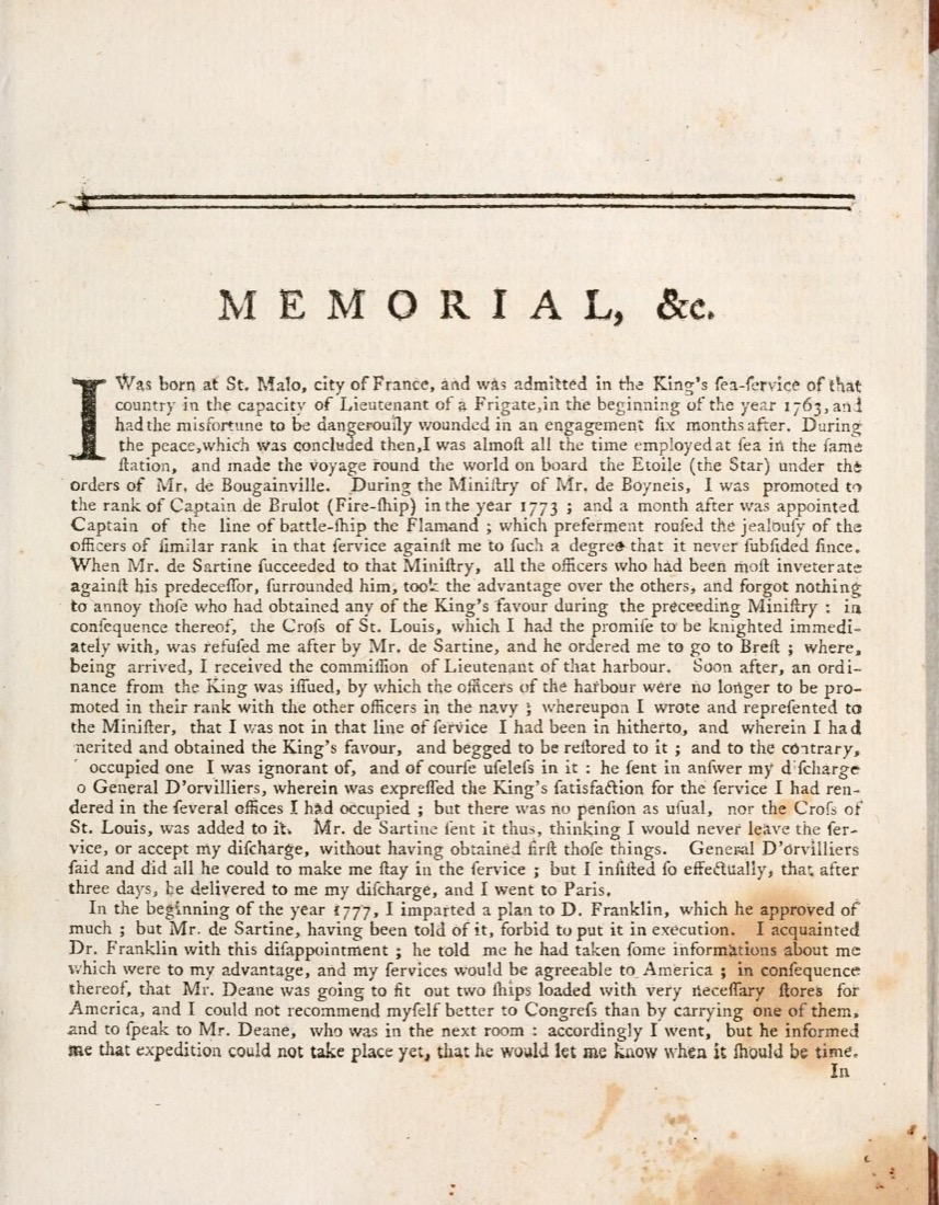 Page imprimée en anglais, titrée « Memorial, &c. », commençant par une grande lettrine : « I was born at St. Malo, city of France »