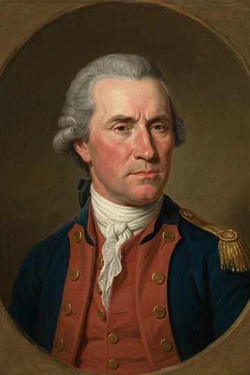 Portrait peint dans un ovale : un homme aux cheveux gris poudrés, au visage maigre et au regard méfiant, en habit bleu foncé à revers rouges, gilet rouge à boutons de laiton, une épaulette d'or, cravate blanche