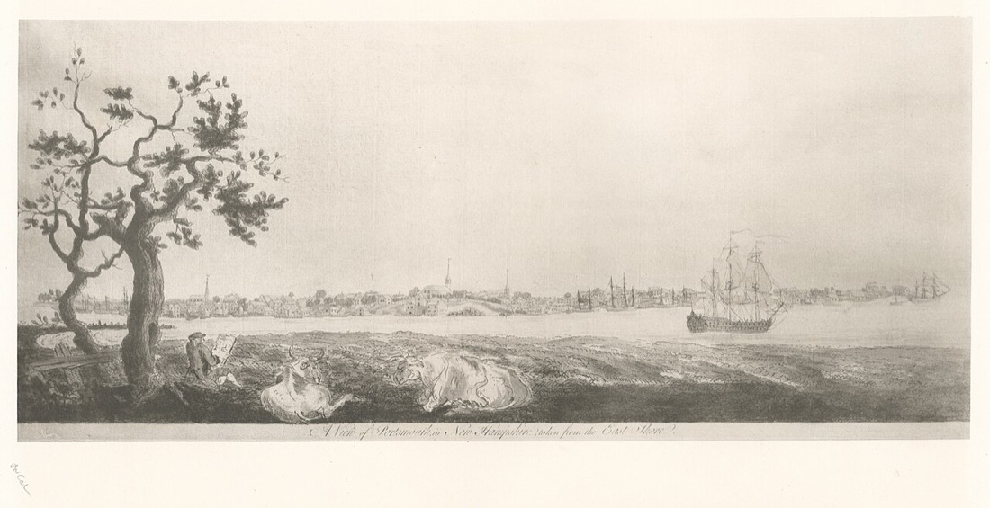 Gravure : une petite ville au bord de l'eau, ses clochers et ses maisons, vue depuis la rive opposée, un navire au mouillage
