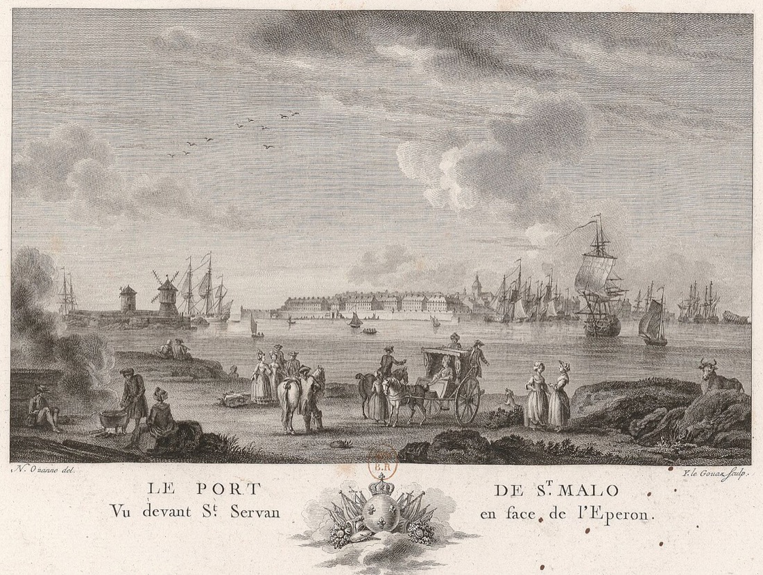 Gravure : la ville close de Saint-Malo vue de Saint-Servan, ses remparts, ses clochers et ses moulins, des navires en rade, des promeneurs et une charrette sur la grève