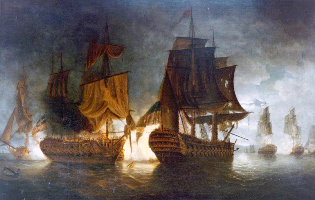 Peinture de nuit : deux grands navires de guerre bord à bord, criblés de fumée et de feu, un troisième au loin, sous un ciel sombre