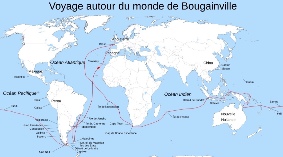 Carte du monde : la route de l'expédition de Bougainville en rouge, de Brest au détroit de Magellan, à Tahiti, Batavia, l'île de France et retour