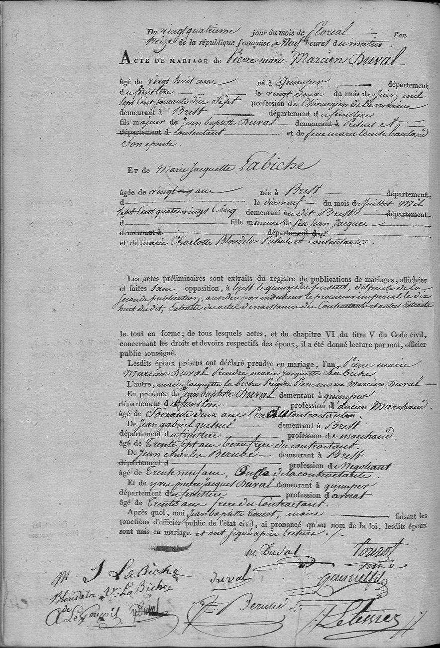 Page manuscrite d'un registre de mariages de l'an XIII, formulaire imprimé rempli à la main, avec une dizaine de signatures en bas