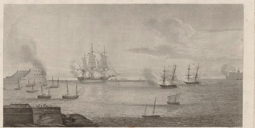 Gravure : une frégate échouée sur la digue de la rade de Cherbourg, canonnée par un fort et deux canonnières, avec de petits navires autour