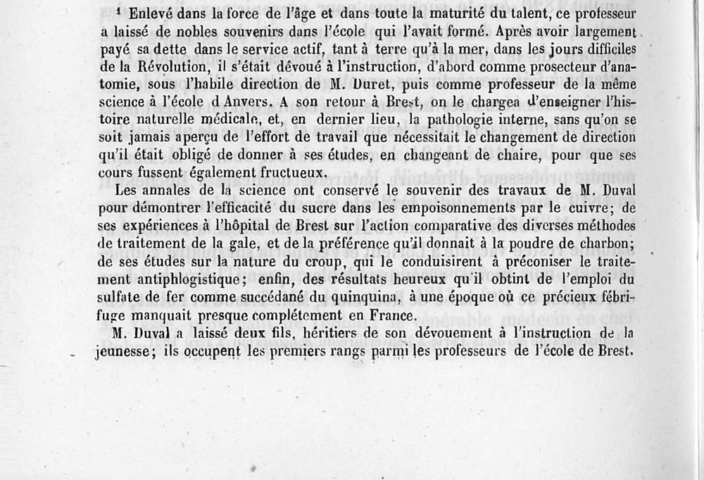 Note imprimée en petits caractères : l'éloge de M. Duval, enlevé dans la force de l'âge, et de ses deux fils professeurs à Brest