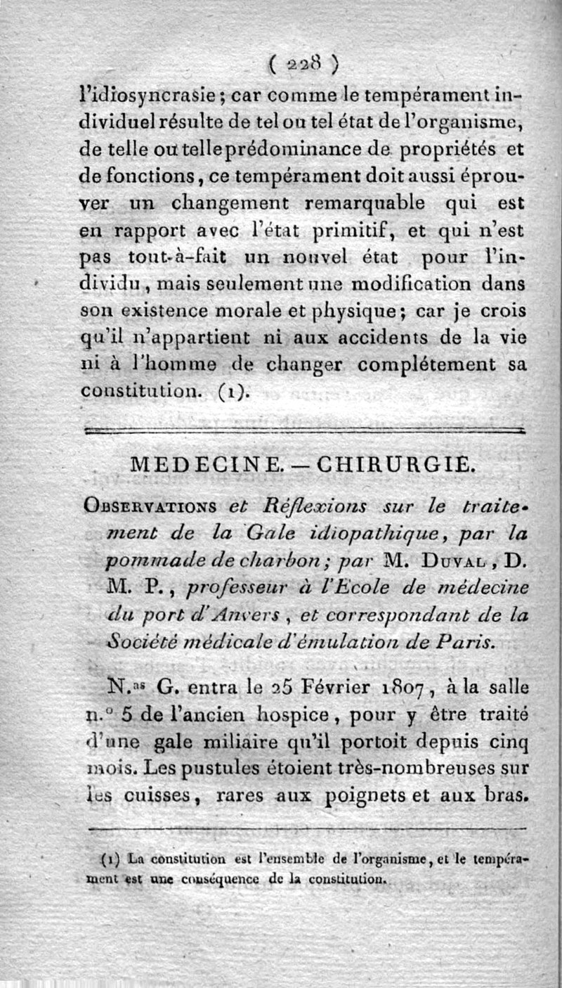 Page imprimée de 1811 : le titre d'un article sur le traitement de la gale par la pommade de charbon, par M. Duval, professeur à l'école de médecine du port d'Anvers