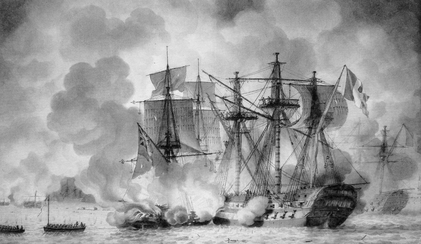 Tableau en grisaille : un vaisseau de ligne pris dans la fumée, un brûlot en flammes collé à son avant, des chaloupes au premier plan