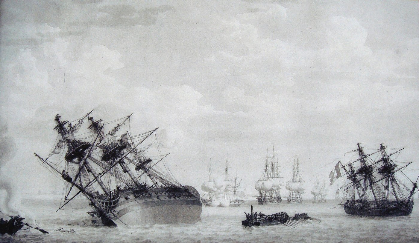 Tableau en grisaille : un grand vaisseau couché sur le flanc, mâts inclinés, sur un banc de sable, d'autres navires au loin