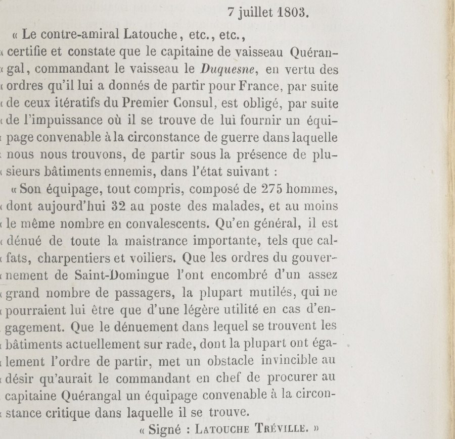 Extrait imprimé : certificat du contre-amiral Latouche-Tréville du 7 juillet 1803 sur l'état du vaisseau le Duquesne, 275 hommes dont 32 malades