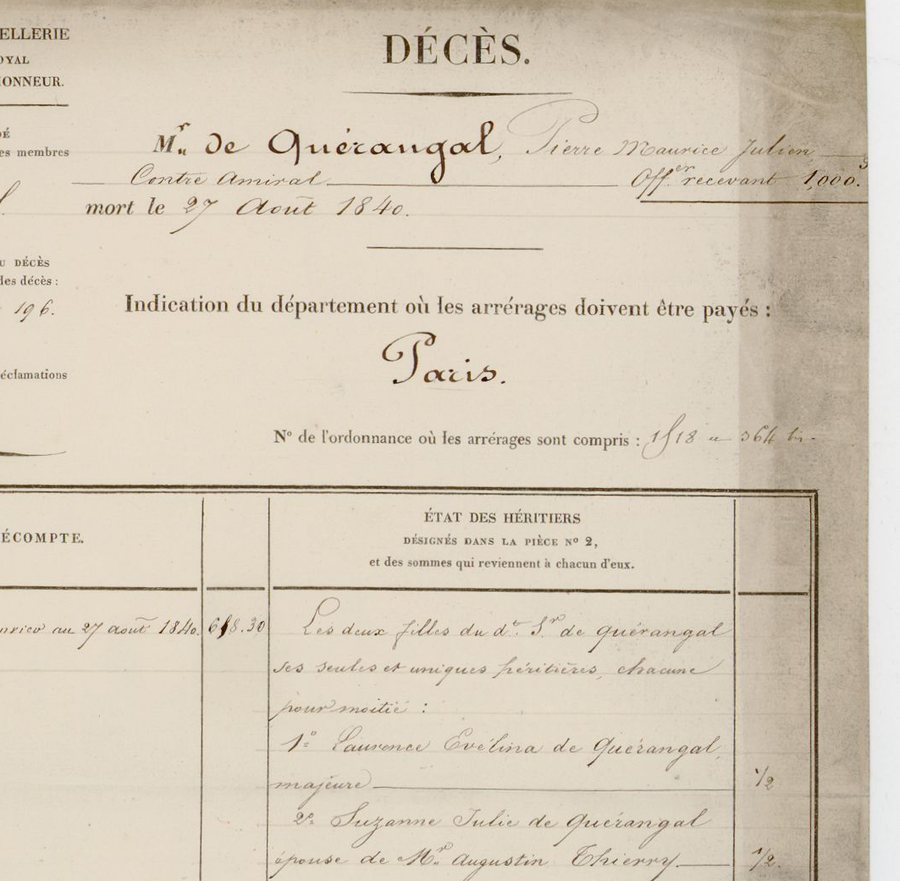 Formulaire imprimé et manuscrit : décès de M. de Quérangal, Pierre-Maurice-Julien, contre-amiral, mort le 27 août 1840 ; ses deux filles héritières, dont Suzanne-Julie, épouse de M. Augustin Thierry