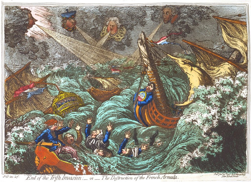 Caricature anglaise en couleurs : des vaisseaux français tourmentés par la tempête, des marins jetés à la mer, des têtes soufflant le vent depuis les nuages