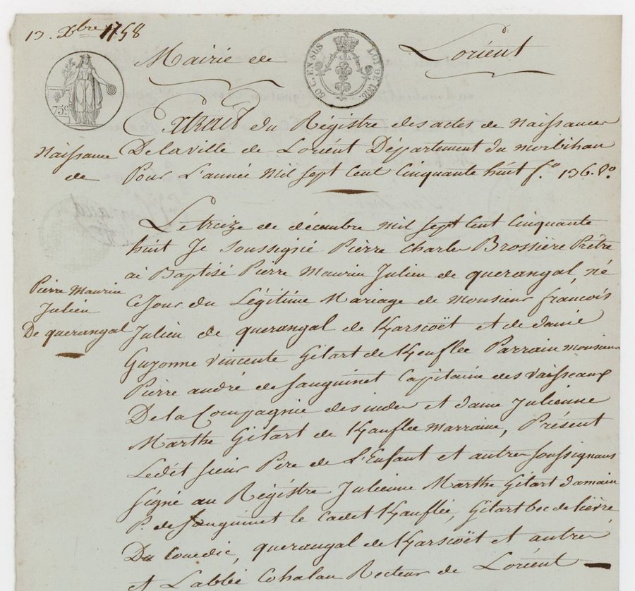 Extrait manuscrit du registre de Lorient : le 13 décembre 1758, baptême de Pierre-Maurice-Julien de Querangal, fils de François-Julien de Querangal de Kerascoët et de Guyonne-Vincente Gilart