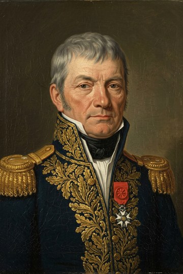 Portrait peint en buste d'un contre-amiral d'une soixantaine d'années aux cheveux gris courts, grand uniforme bleu brodé de feuilles de chêne d'or, épaulettes d'or à deux étoiles, croix d'officier de la Légion d'honneur