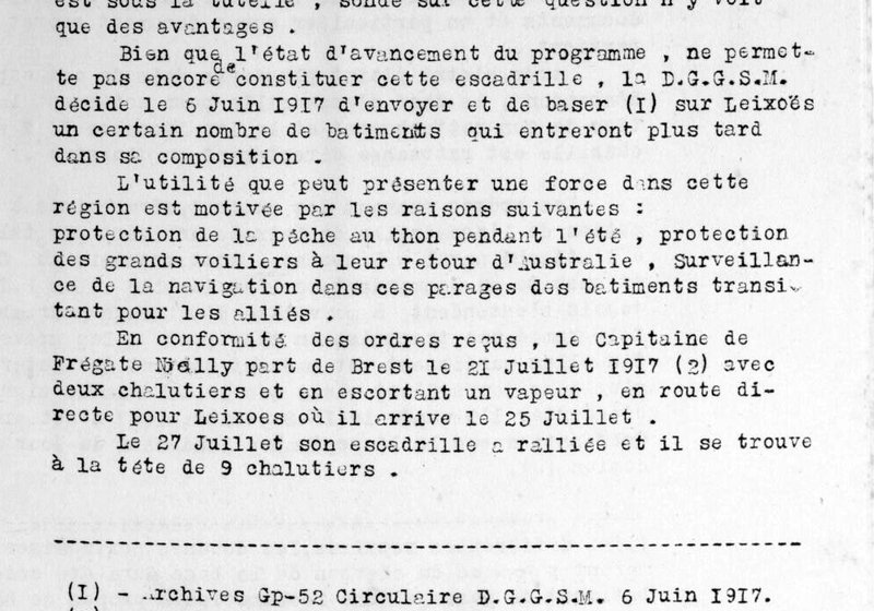 Page dactylographiée : le capitaine de frégate Nielly part de Brest le 21 juillet 1917 pour Leixoes