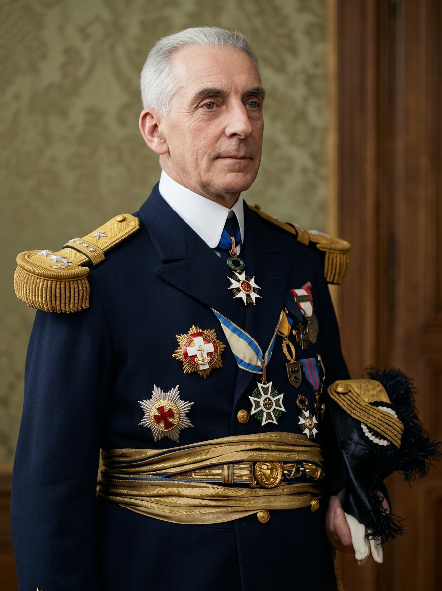 Portrait d'un officier général de marine aux cheveux blancs, en grand uniforme, épaulettes d'or, ceinture dorée et décorations